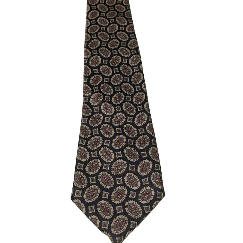 Vintage Merceds Hand Made 100% Silk Tie Navy Cream and Red Geometric Design EUC - Picture 3 of 8